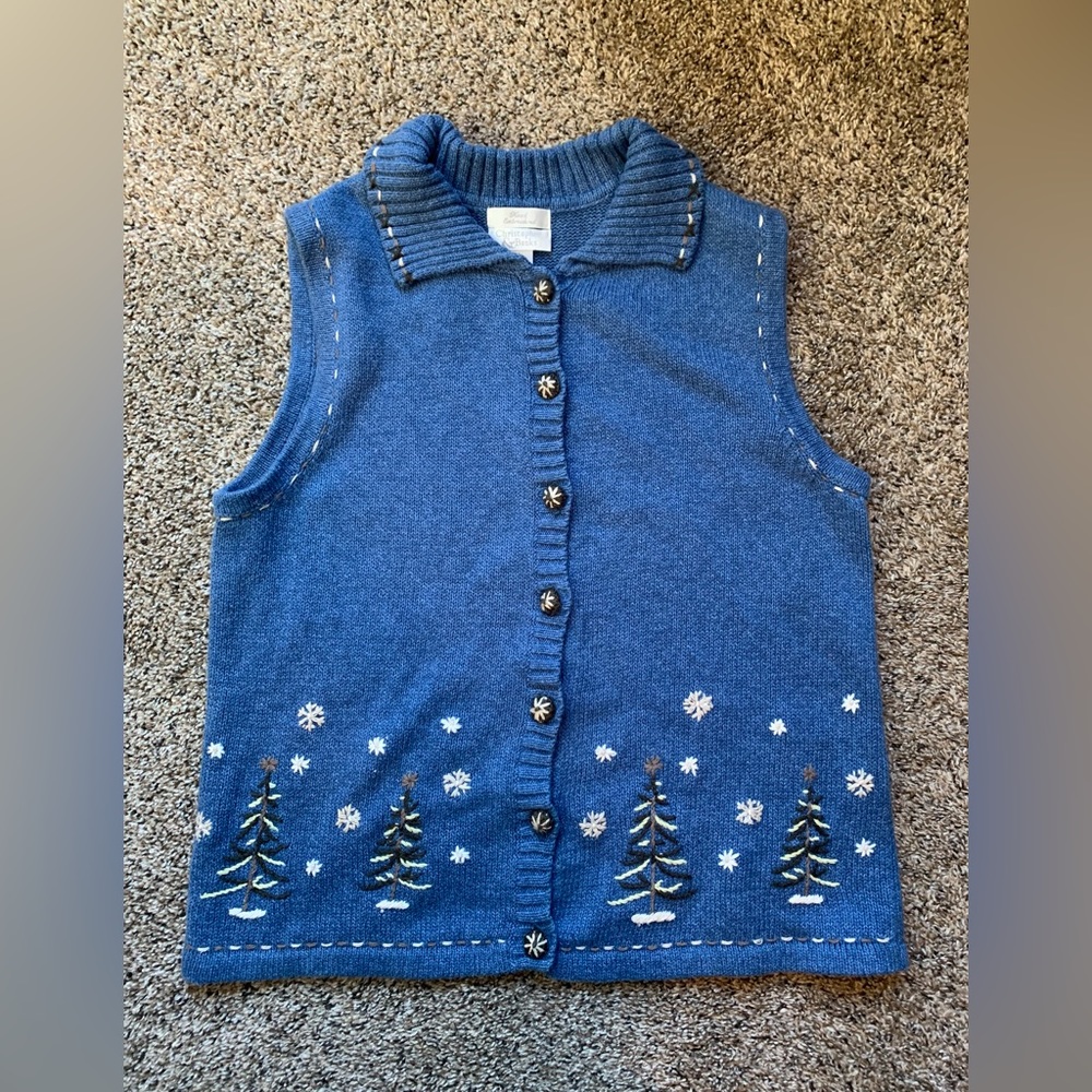Vintage Christopher & Banks Sweater Vest-L-Hand Embroidered-Snowflakes/Trees